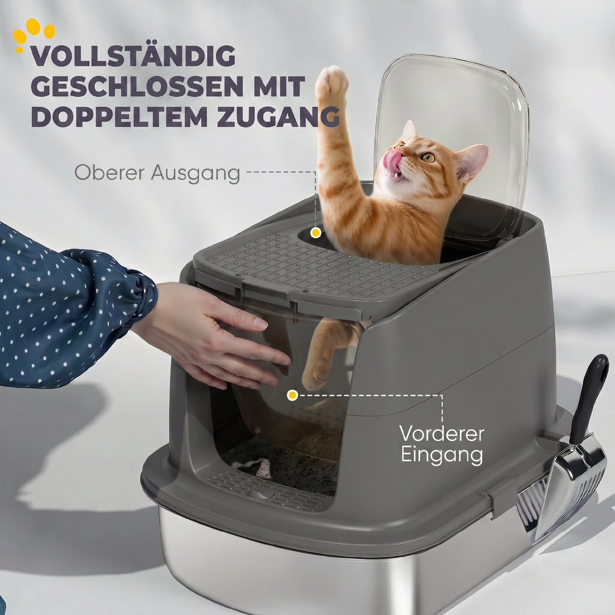 Stainless Steel Covered Cat Litter Box, Scoop, Dark Gray