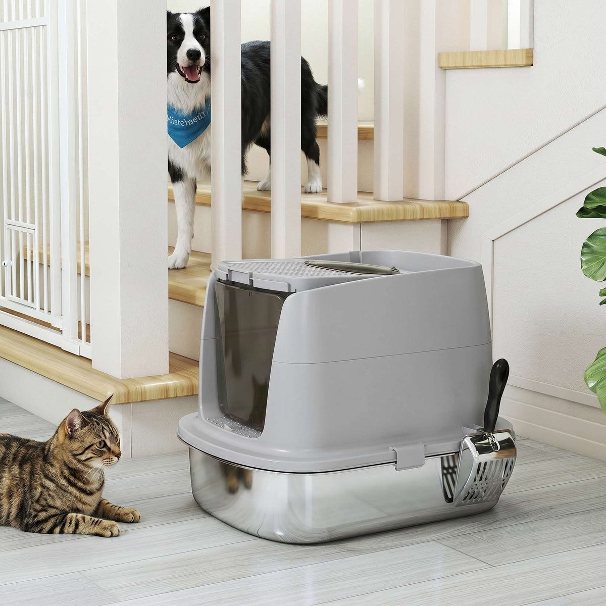 Stainless Steel Enclosed Cat Litter Box, Scoop Included