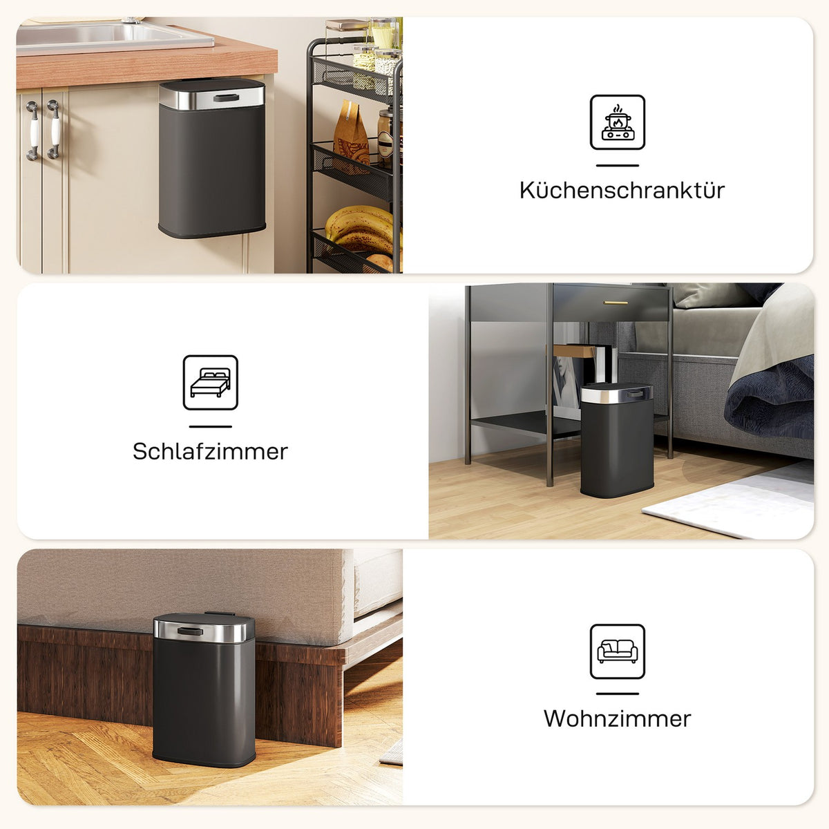 Stainless Steel Kitchen Trash Can, Removable Inner Bin, Black