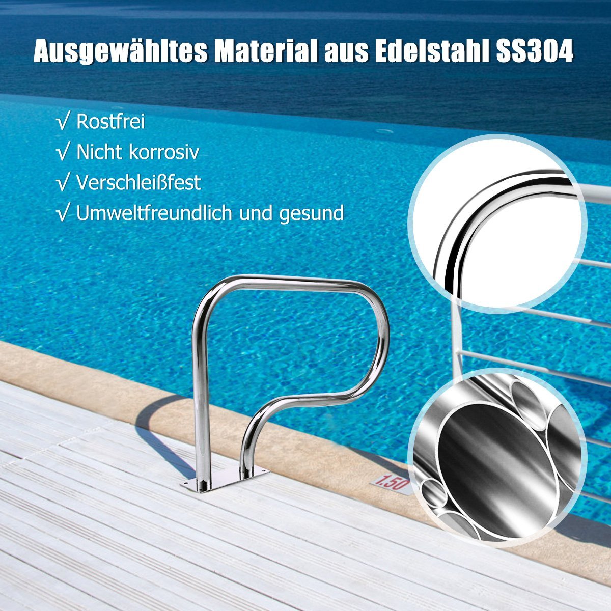 Stainless steel 304 pool handrail swimming pool ladder handrail entry ladder with base plate