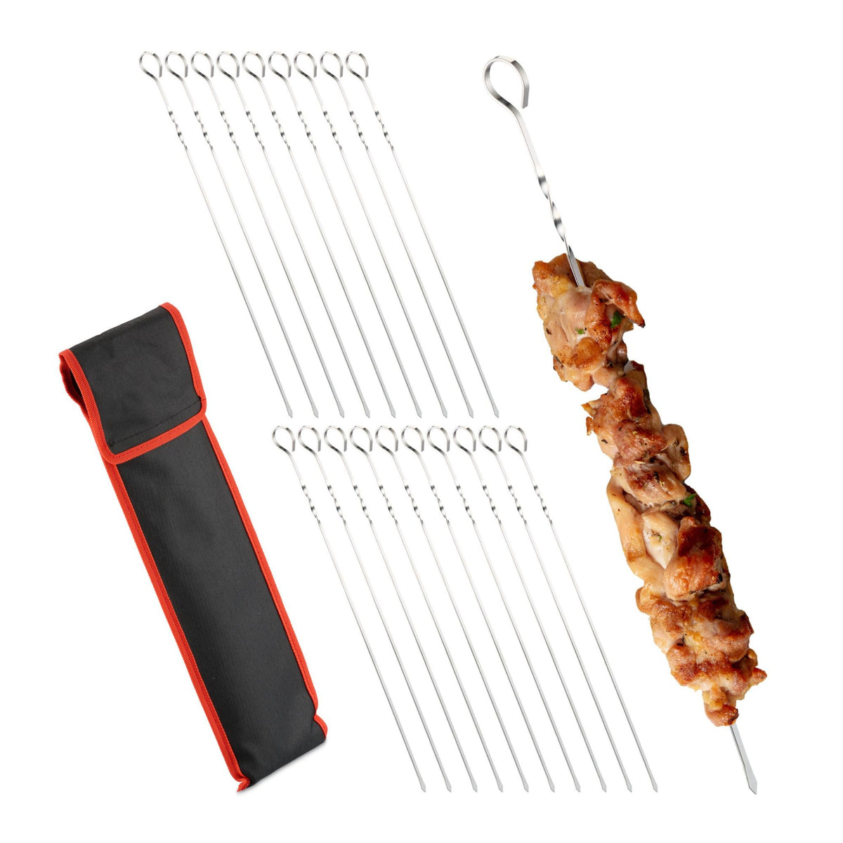 Stainless steel barbecue skewers in a set of 20