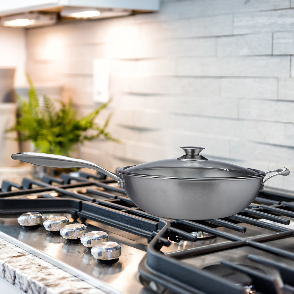 Stainless steel wok with glass lid