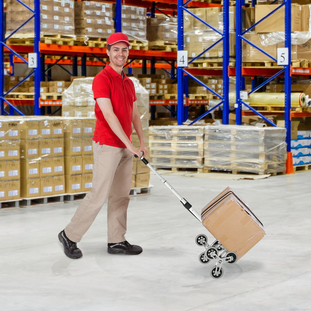 Stair Climber Sack Truck Foldable, 6-Roller System, Fixed Rope, Up To 70Kg, Aluminum, Silver, 70Kg Load Capacity
