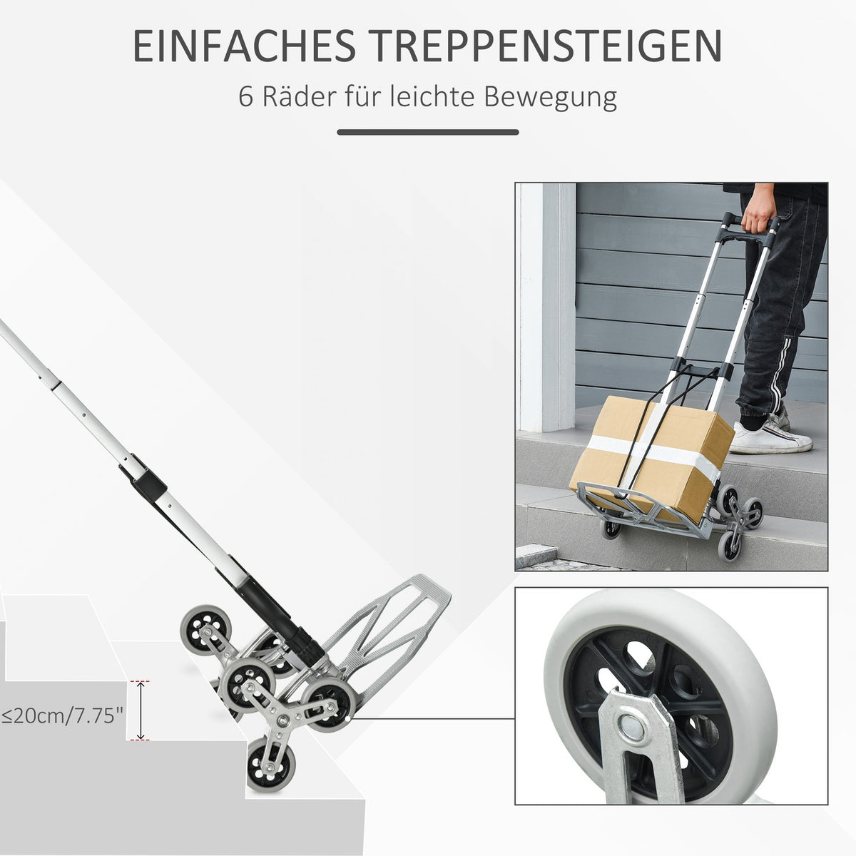 Stair Climber Sack Truck Foldable, 6-Roller System, Fixed Rope, Up To 70Kg, Aluminum, Silver, 70Kg Load Capacity
