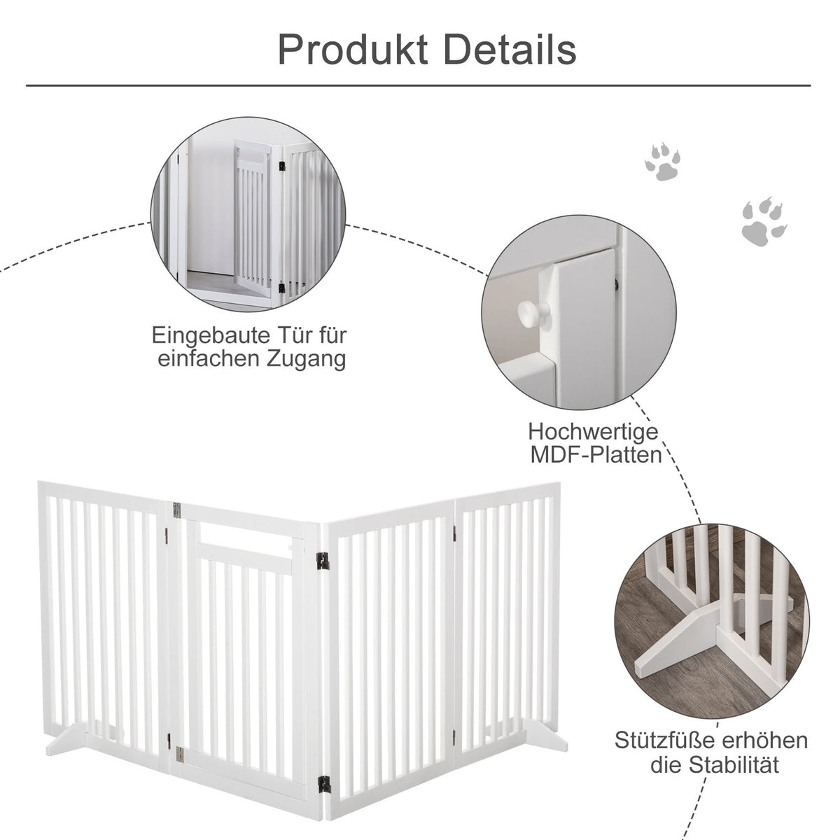 Stair Gate Foldable No Drilling Barrier Gate Protective Gate 4 Pieces Freestanding With 2 Support Feet White 81 Cm
