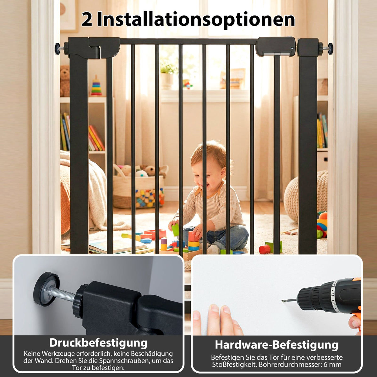 Stair Gate No-Drill, 75-82 cm, Auto-Close, Black