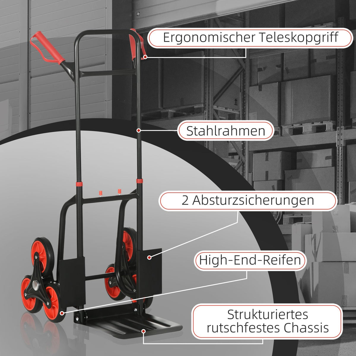 Stair climber 150 kg sack truck transport truck handle height adjustable foldable steel 45 x 60 x 109 cm