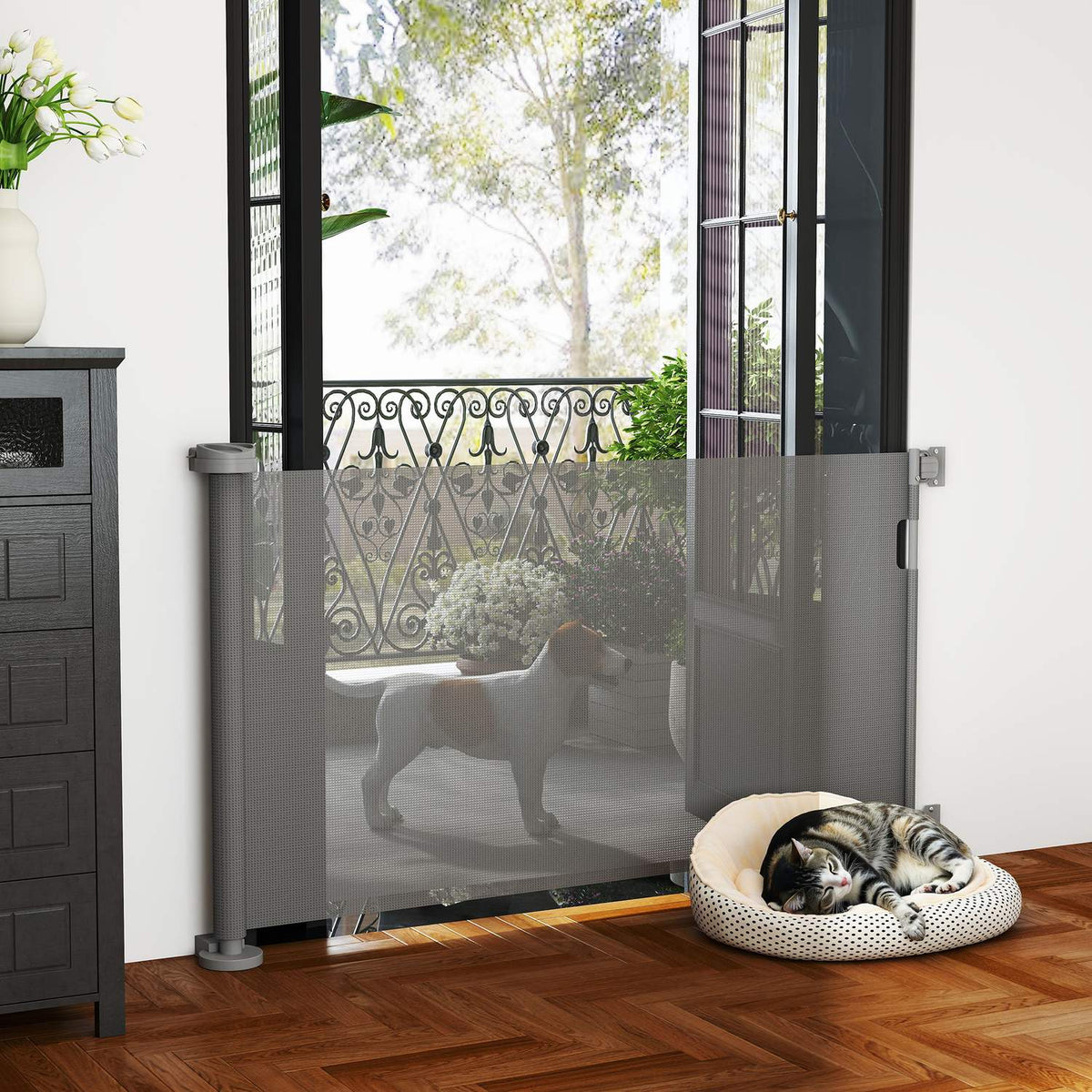 Stair gate extendable 0-136cm 87 cm high door gate for pets 142 x 10 x 87 cm grey