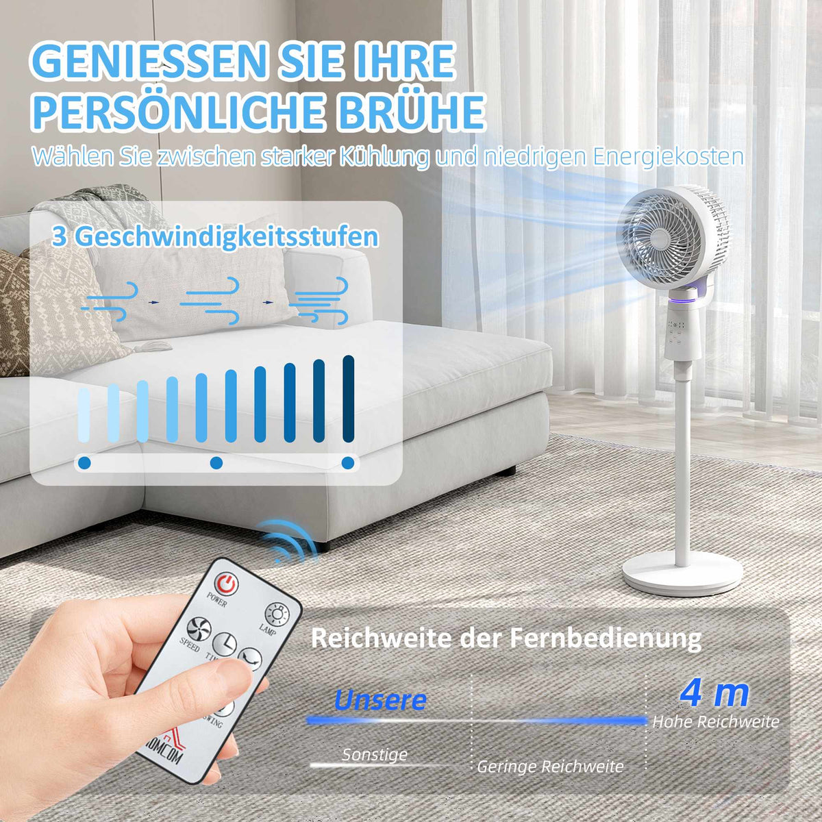 Stand Fan with Remote, 3 Speeds, 70/90 Oscillation