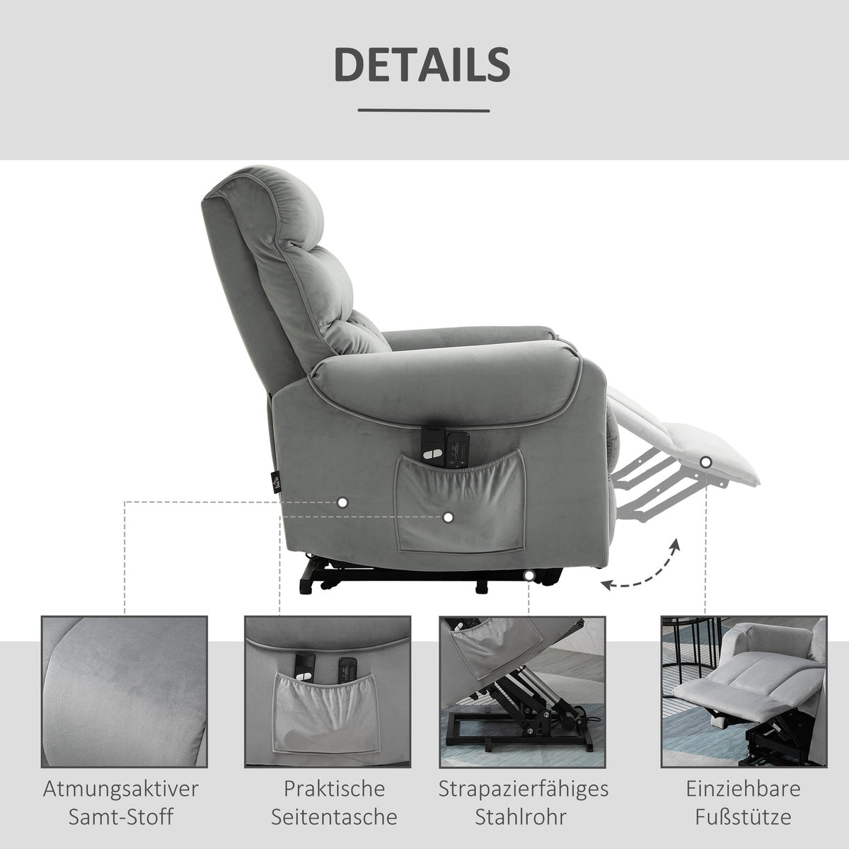 Stand-Up Aid, Relaxation Chair, Electric Massage Chair, Tv Chair With Reclining Function, Velvet-Like Polyester, Metal Foam 