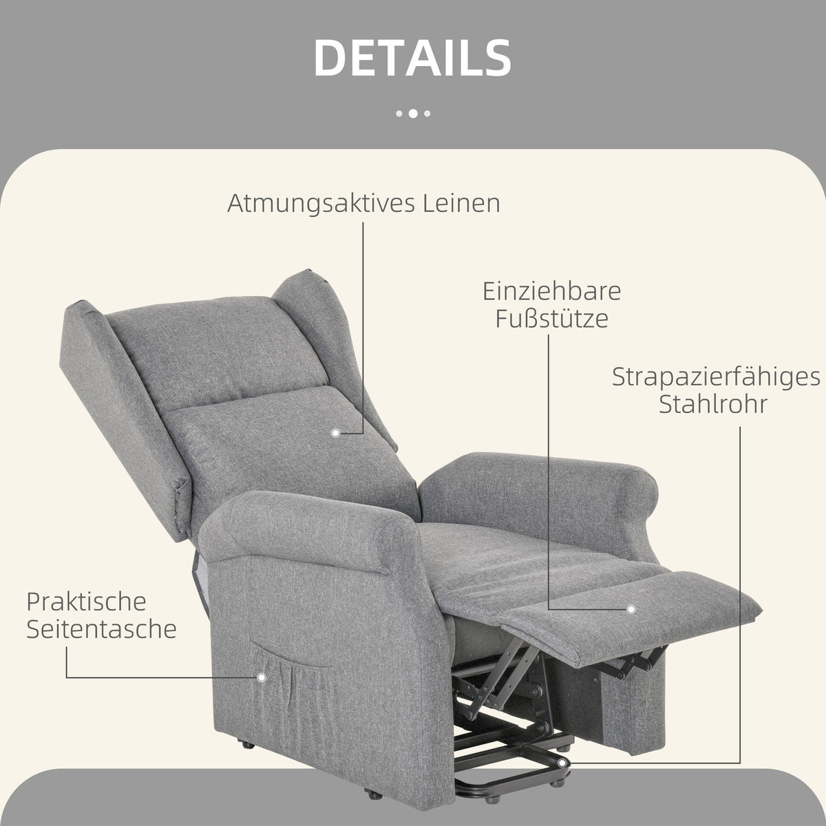 Stand-Up Chair Tv Chair With Electric Stand-Up Aid, Reclining Function, Linen, Gray, 72.5 X 94 X 109 Cm