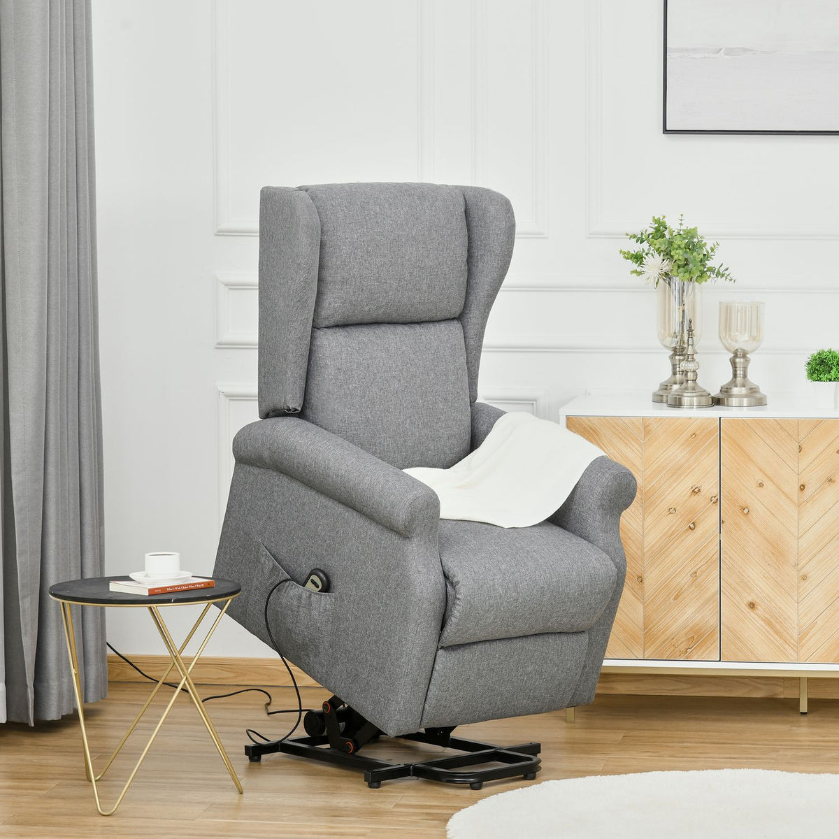 Stand-Up Chair Tv Chair With Electric Stand-Up Aid, Reclining Function, Linen, Gray, 72.5 X 94 X 109 Cm
