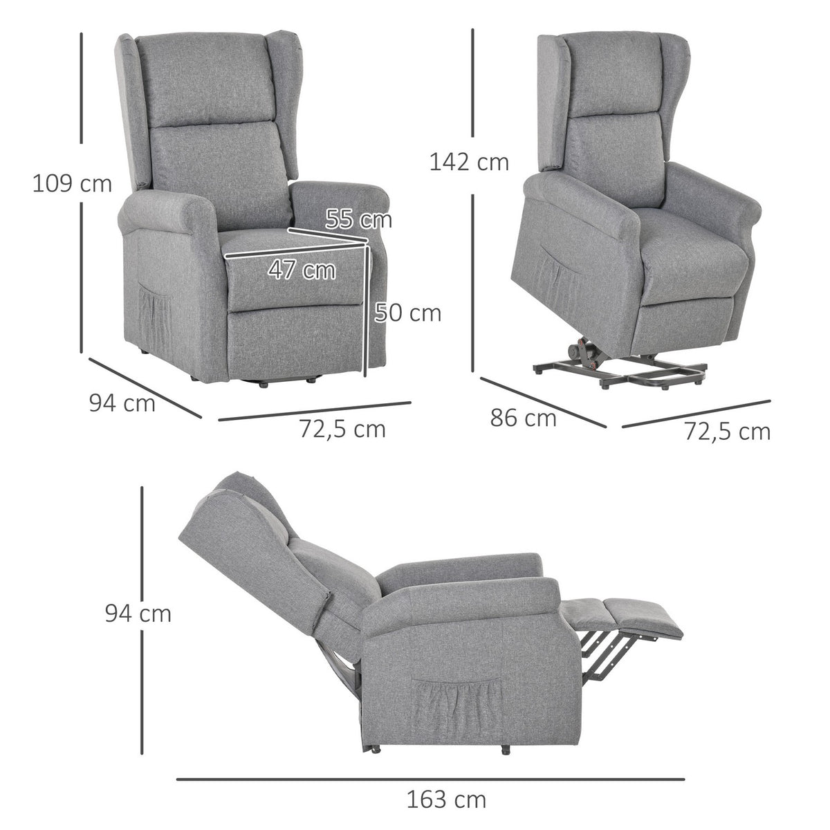 Stand-Up Chair Tv Chair With Electric Stand-Up Aid, Reclining Function, Linen, Gray, 72.5 X 94 X 109 Cm