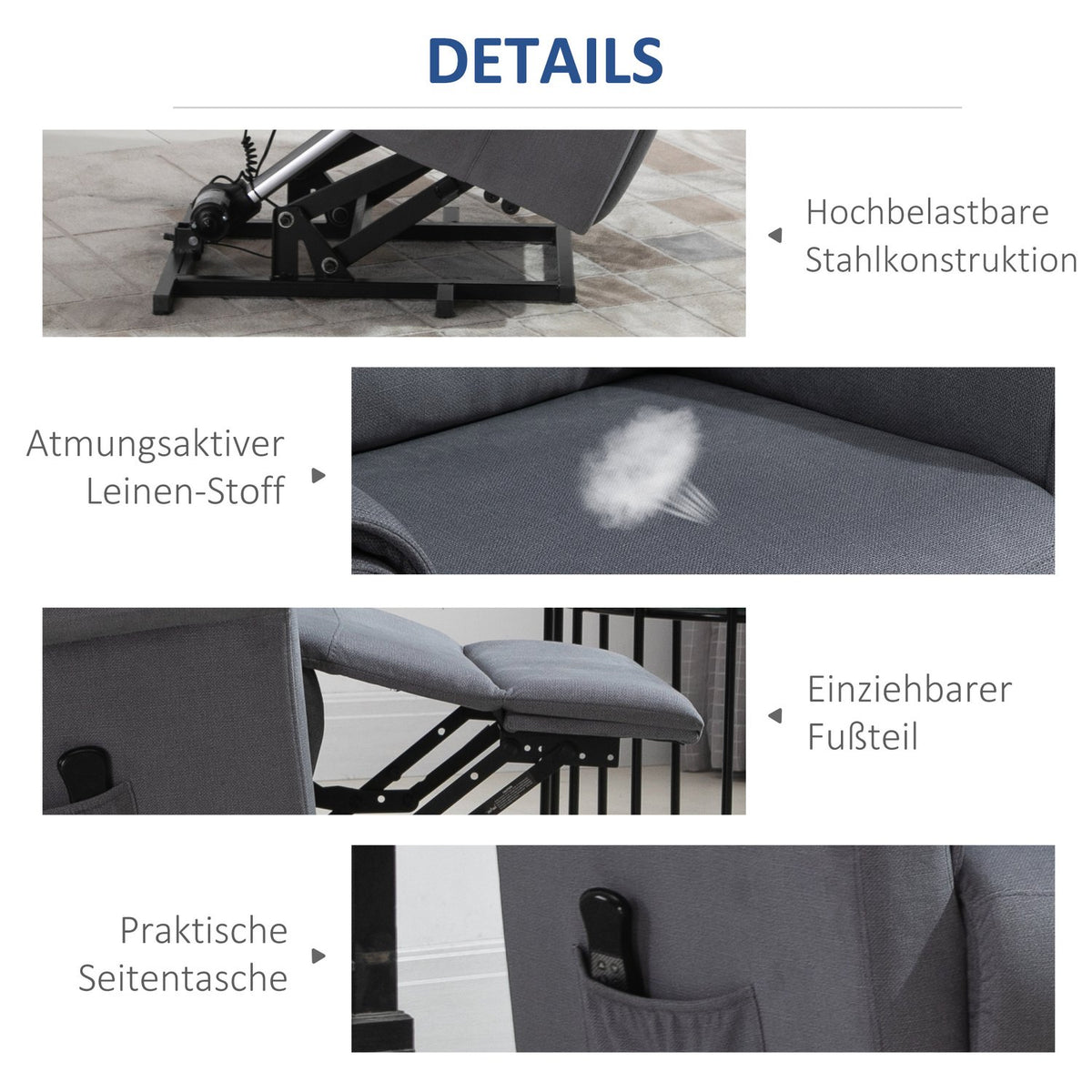 Stand-Up Chair Tv Chair With Electric Stand-Up Aid, Reclining Function, Linen Touch, Steel, Gray, 86 X 95 X 106 Cm