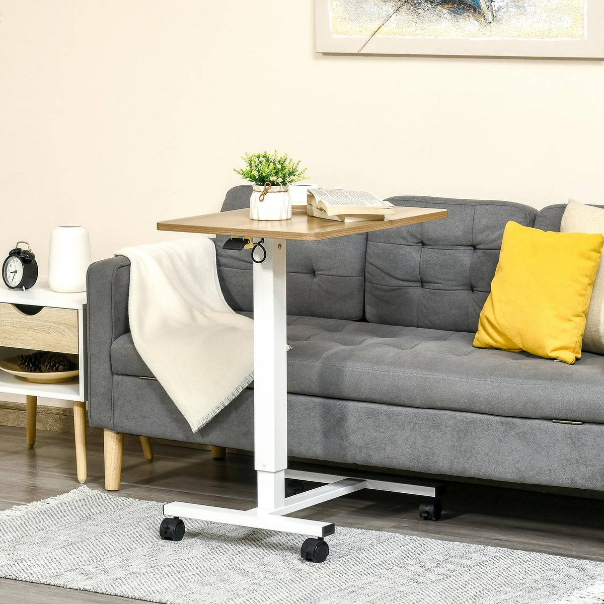 Stand-Up Desk Height-Adjustable With Wheels, C-Shaped, Space-Saving, Laptop Table, Natural + White, 70-110 Cm, Up To 70 Kg