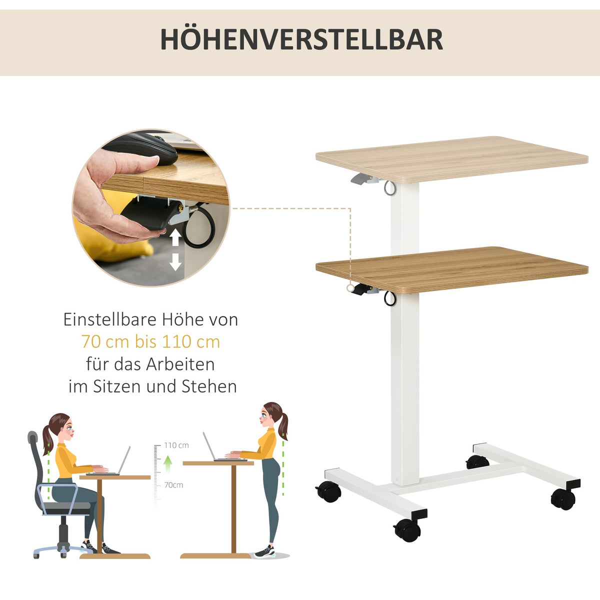 Stand-Up Desk Height-Adjustable With Wheels, C-Shaped, Space-Saving, Laptop Table, Natural + White, 70-110 Cm, Up To 70 Kg