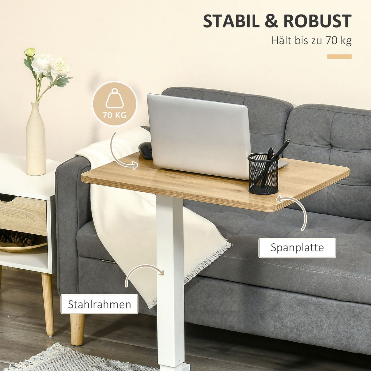 Stand-Up Desk Height-Adjustable With Wheels, C-Shaped, Space-Saving, Laptop Table, Natural + White, 70-110 Cm, Up To 70 Kg