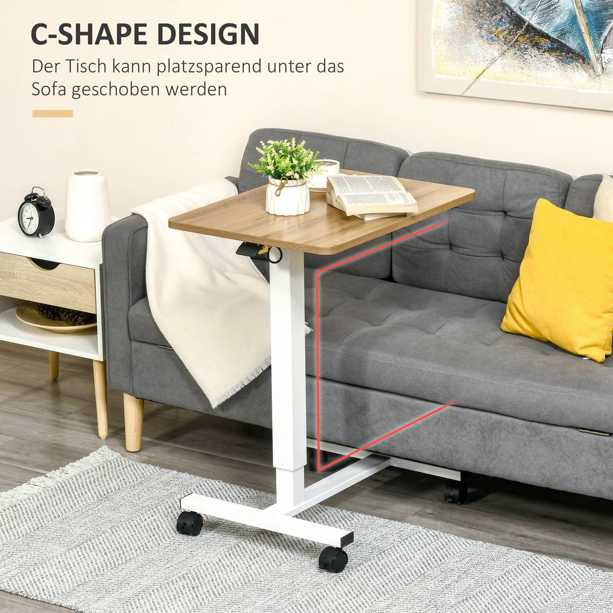 Stand-Up Desk Height-Adjustable With Wheels, C-Shaped, Space-Saving, Laptop Table, Natural + White, 70-110 Cm, Up To 70 Kg