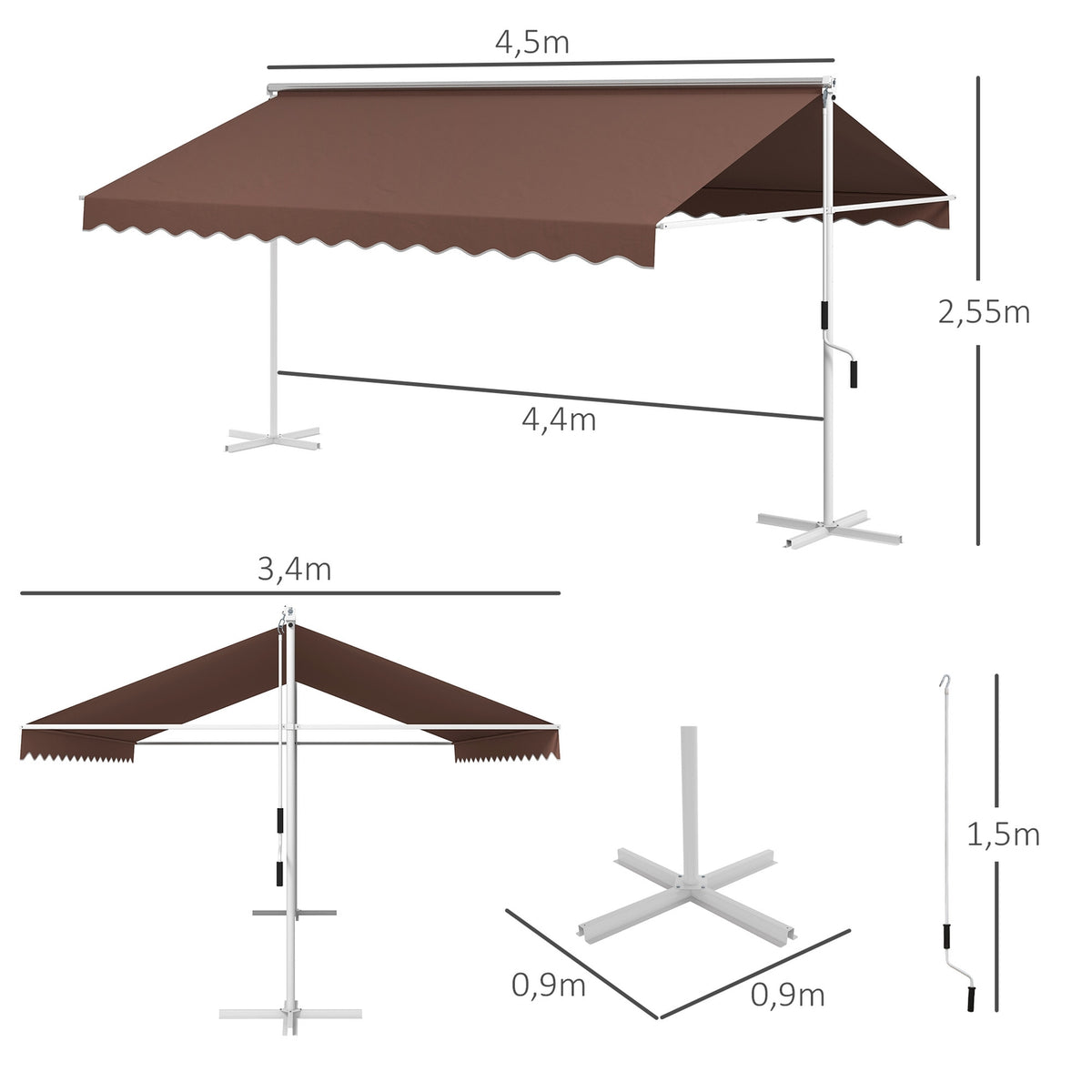 Standing Awning 4.5 X 3.4 M Garden Awning Hand Crank Extendable Patio Canopy Adjustable Sun Protection Polyester Coffee