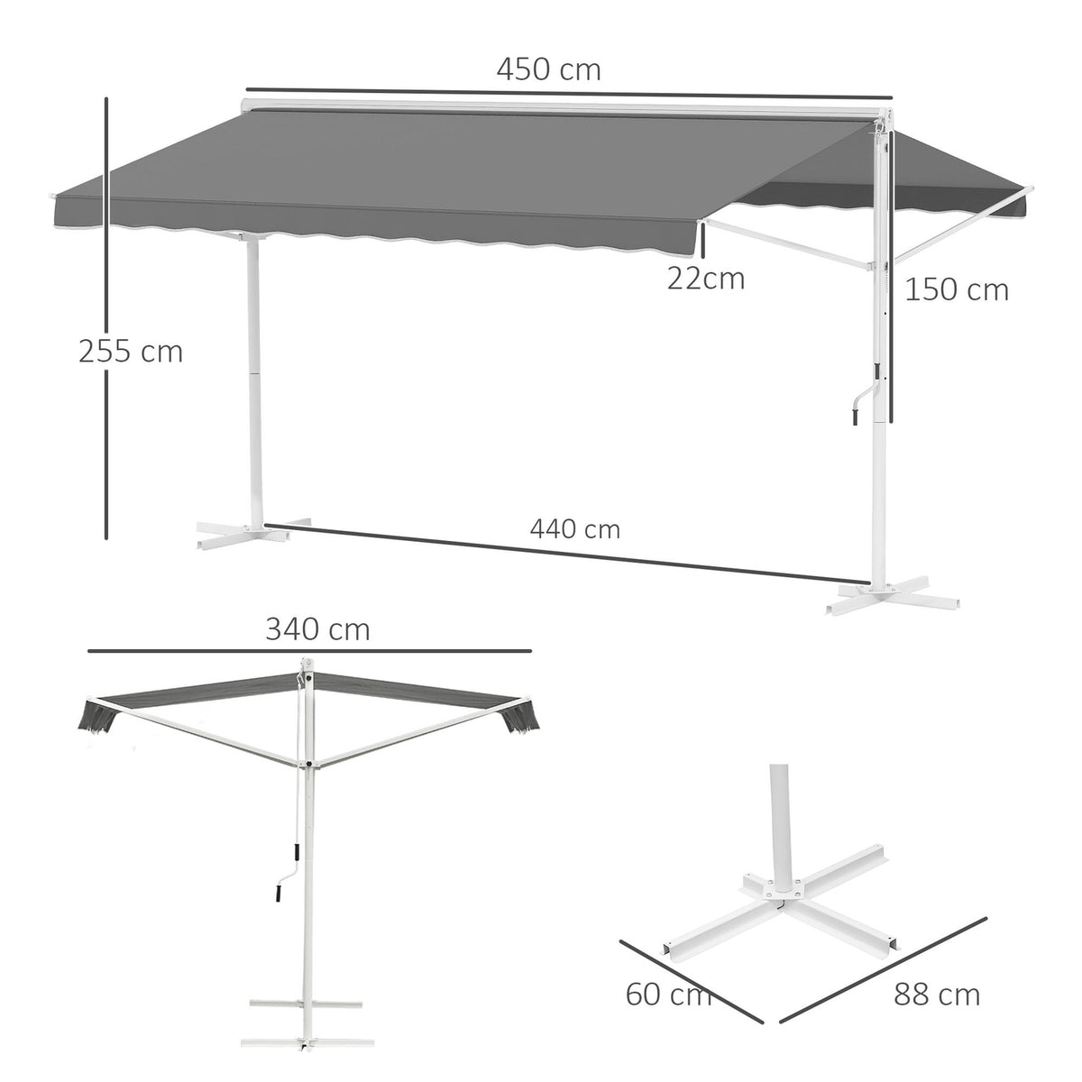 Standing Awning Garden Awning With Folding Arm And Crank, 4.5X3.4M, Gray, For Patio