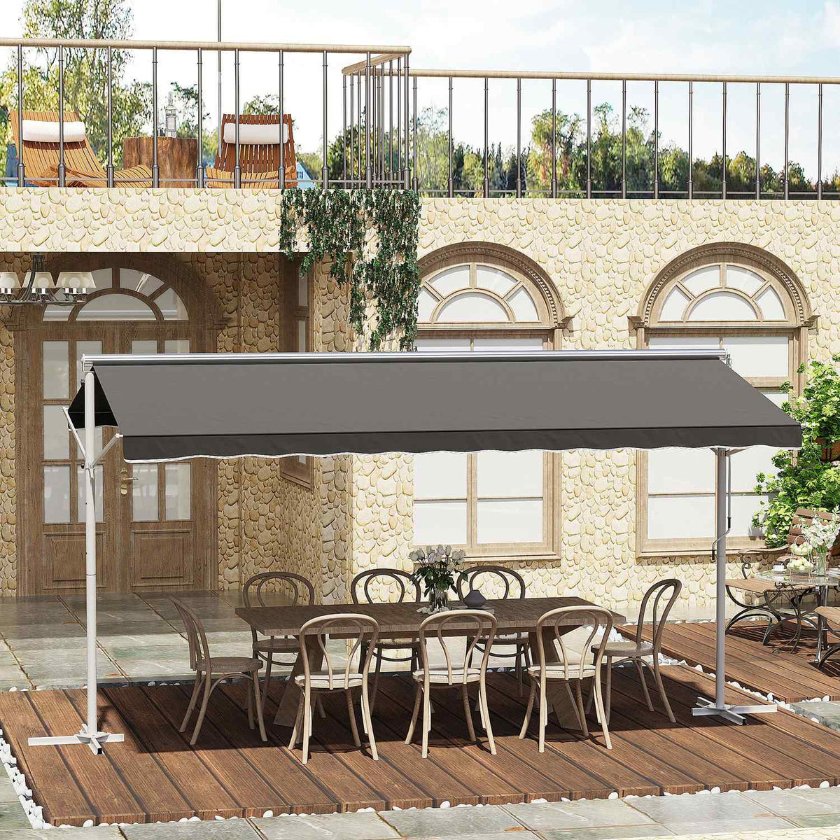 Standing Awning Garden Awning With Folding Arm And Crank, 4.5X3.4M, Gray, For Patio