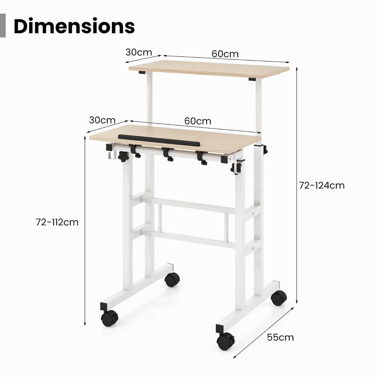 Standing Desk on Wheels, Height Adjustable, Tilt Tray