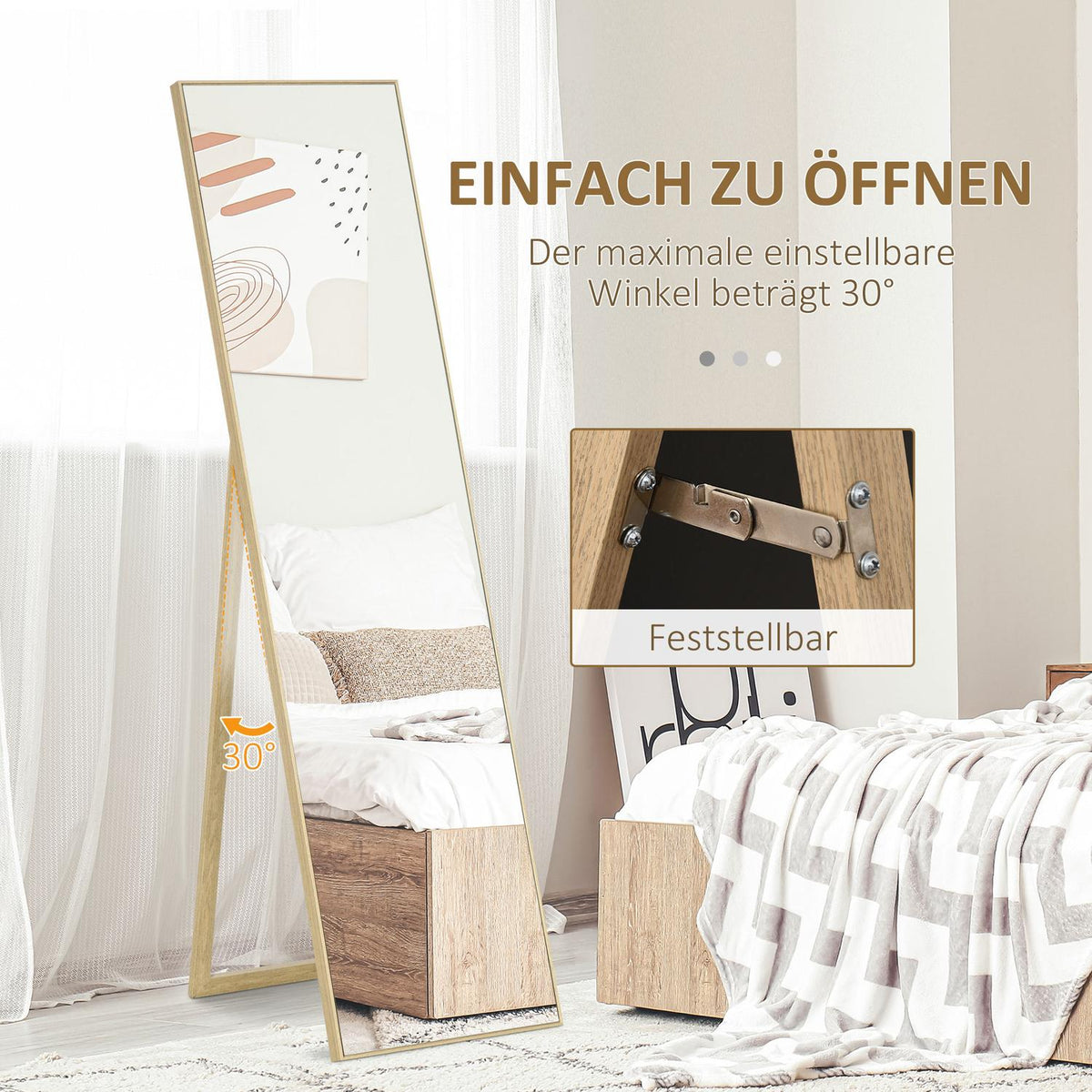 Standing Mirror With Wood Grain, Full-Length Mirror, Dressing Mirror, Make-Up Mirror, Silver + Light Brown, 40 X 35 X 147 Cm