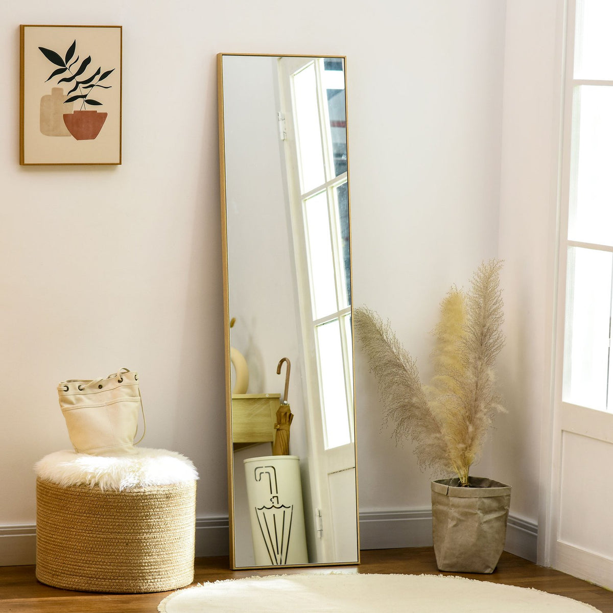 Standing Mirror With Wood Grain, Full-Length Mirror, Dressing Mirror, Make-Up Mirror, Silver + Light Brown, 40 X 35 X 147 Cm