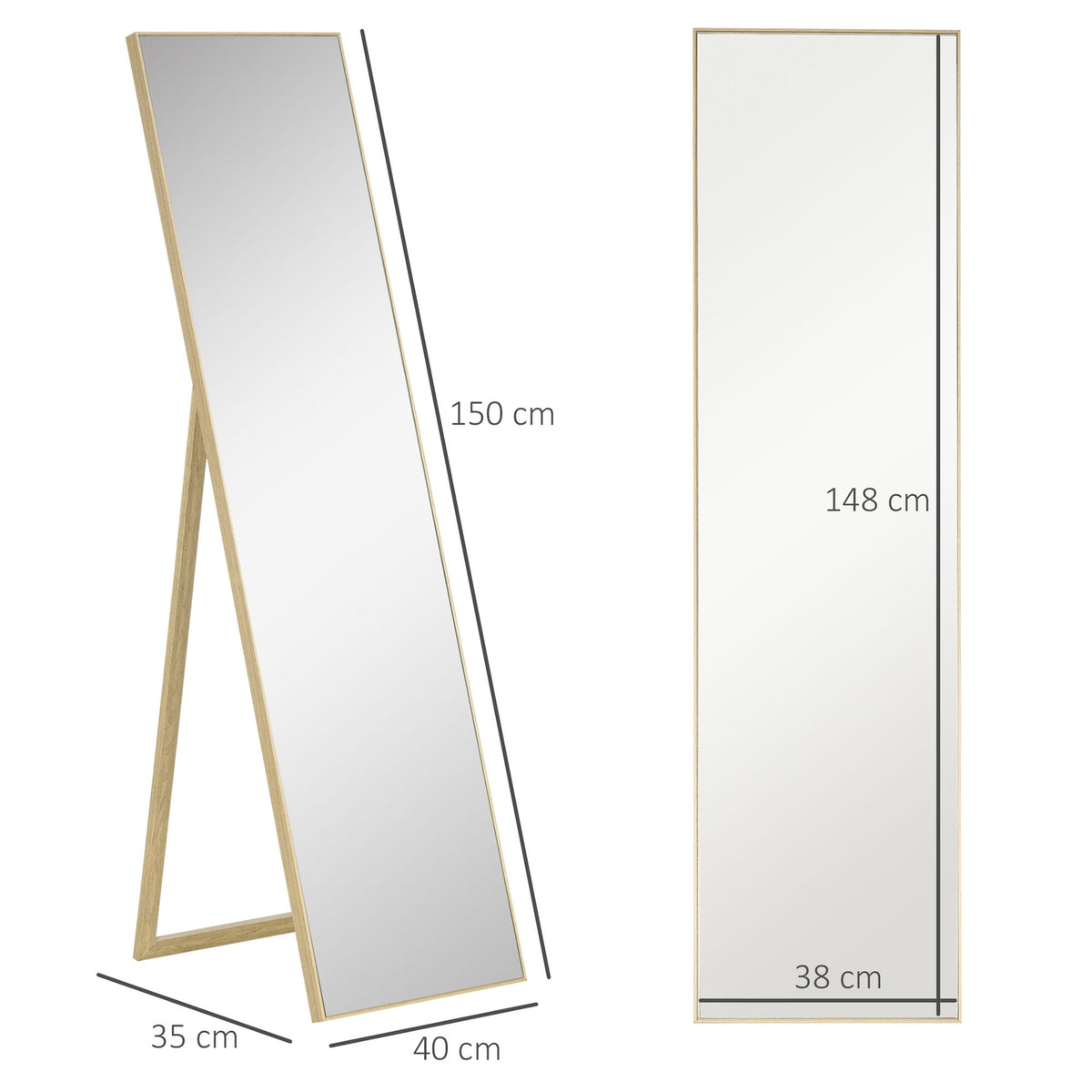 Standing Mirror With Wood Grain, Full-Length Mirror, Dressing Mirror, Make-Up Mirror, Silver + Light Brown, 40 X 35 X 147 Cm