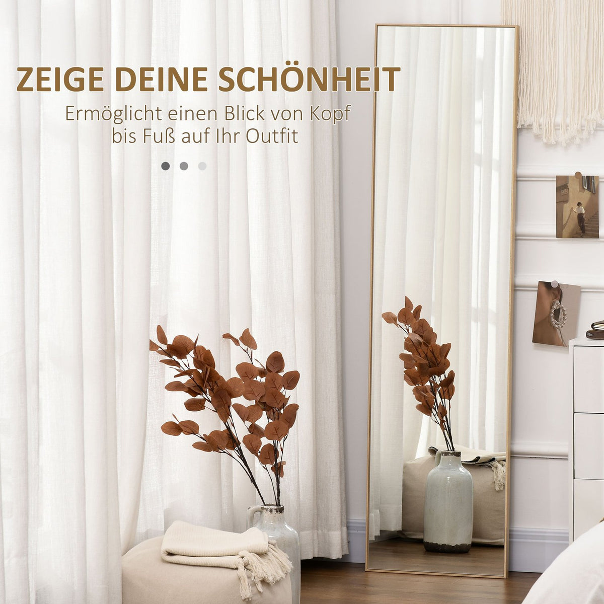 Standing Mirror With Wood Grain, Full-Length Mirror, Dressing Mirror, Make-Up Mirror, Silver + Light Brown, 40 X 35 X 147 Cm
