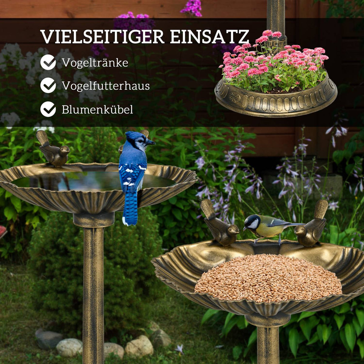 Standing bird bath, bird bath made of plastic, frost-proof bird basin, winter-proof water drinker for wild birds, water bowl, water point for garden, terrace, balcony, 49.5 x 38 x 81 cm, bronze