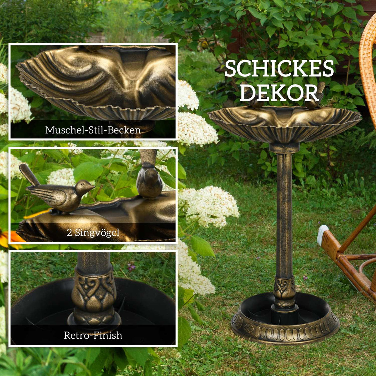 Standing bird bath, bird bath made of plastic, frost-proof bird basin, winter-proof water drinker for wild birds, water bowl, water point for garden, terrace, balcony, 49.5 x 38 x 81 cm, bronze