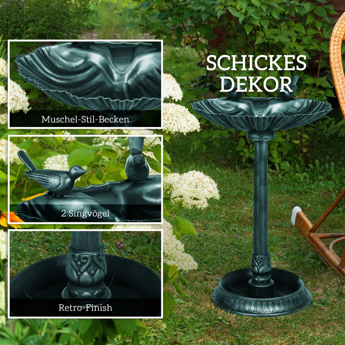 Standing bird bath, bird bath made of plastic, frost-proof bird basin, winter-proof water drinker for wild birds, water bowl, water point for garden, terrace, balcony, 49.5 x 38 x 81 cm, dark green