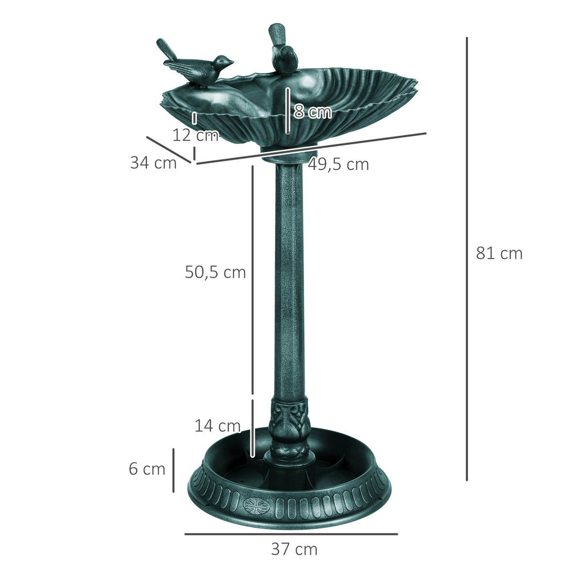 Standing bird bath, bird bath made of plastic, frost-proof bird basin, winter-proof water drinker for wild birds, water bowl, water point for garden, terrace, balcony, 49.5 x 38 x 81 cm, dark green