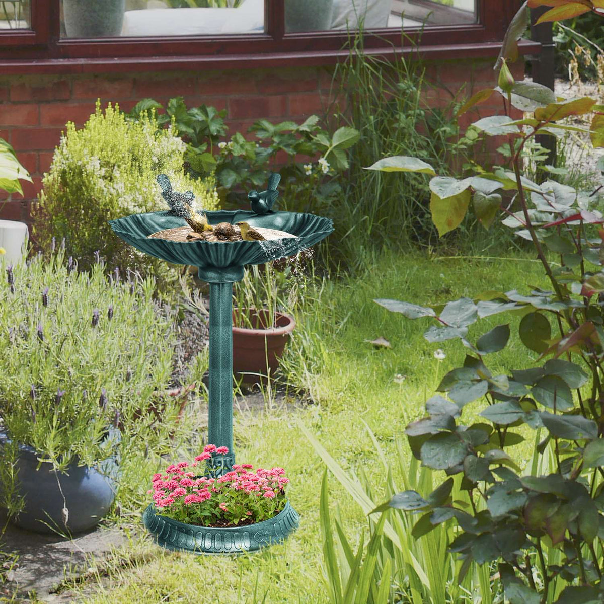 Standing bird bath, bird bath made of plastic, frost-proof bird basin, winter-proof water drinker for wild birds, water bowl, water point for garden, terrace, balcony, 49.5 x 38 x 81 cm, dark green