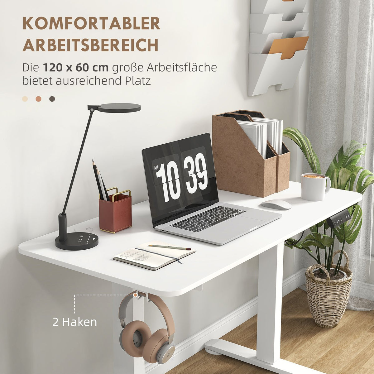 Standing desk height adjustable, electric, 120x60x72-116cm, with 3 presets, anti-collision, overheating protection, chipboard, whiteAoso