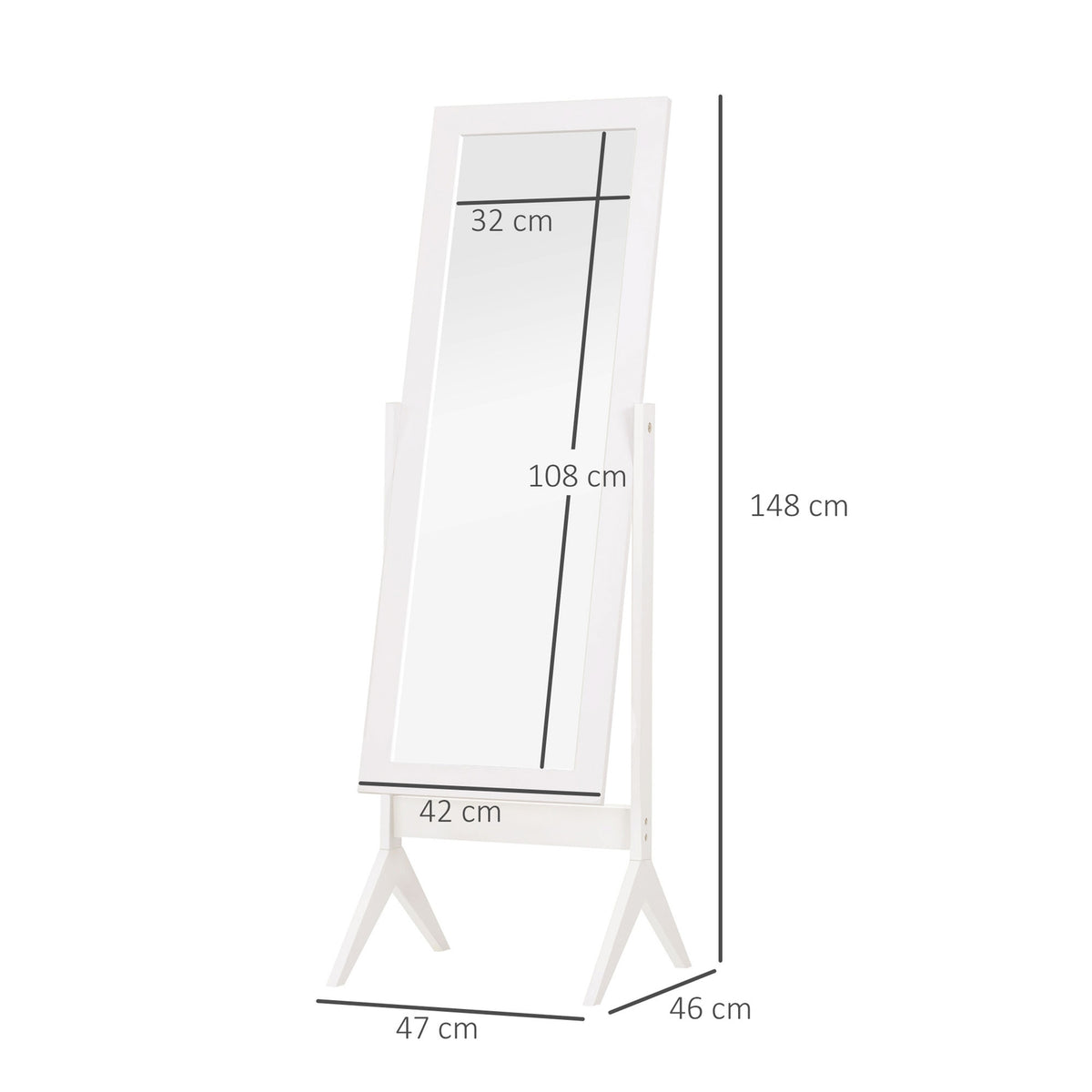 Standing mirror Elegant full-length mirror with raised feet, easy-care MDF, white, 47x46x148cm for bedrooms and hallways