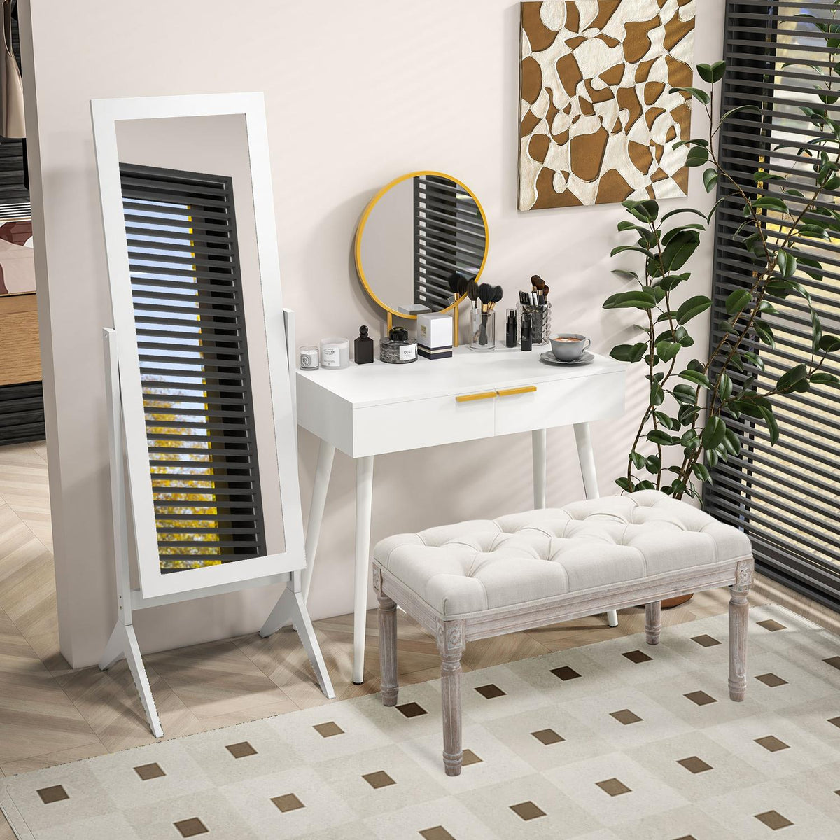 Standing mirror Elegant full-length mirror with raised feet, easy-care MDF, white, 47x46x148cm for bedrooms and hallways
