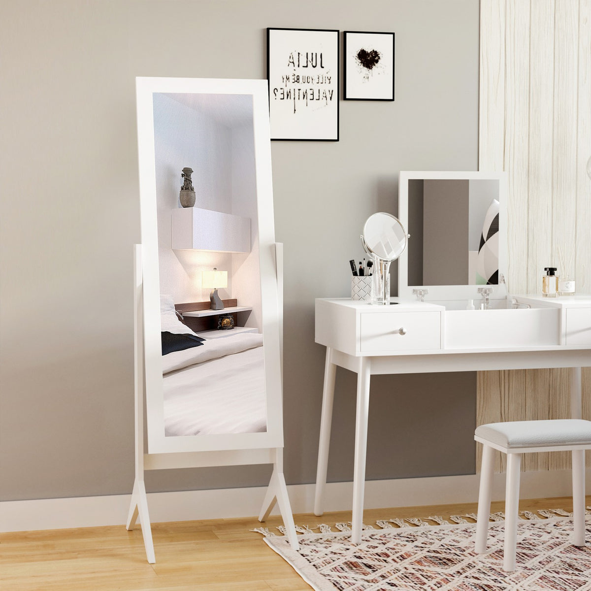 Standing mirror Elegant full-length mirror with raised feet, easy-care MDF, white, 47x46x148cm for bedrooms and hallways