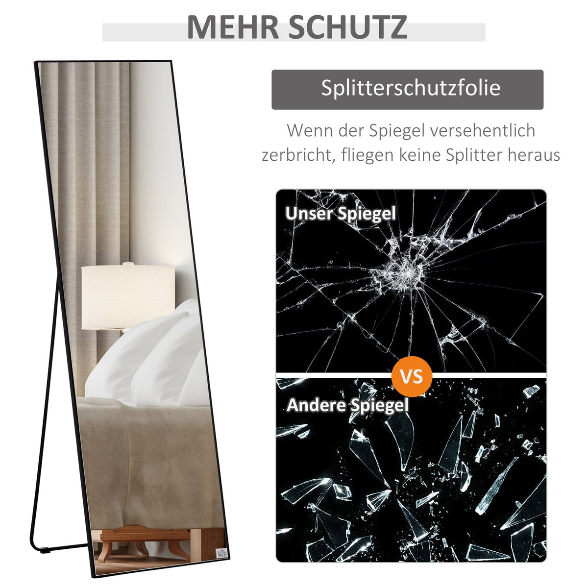 Standing mirror, free-standing full-length mirror, dressing mirror with stand, aluminum frame, for bedroom and hallway