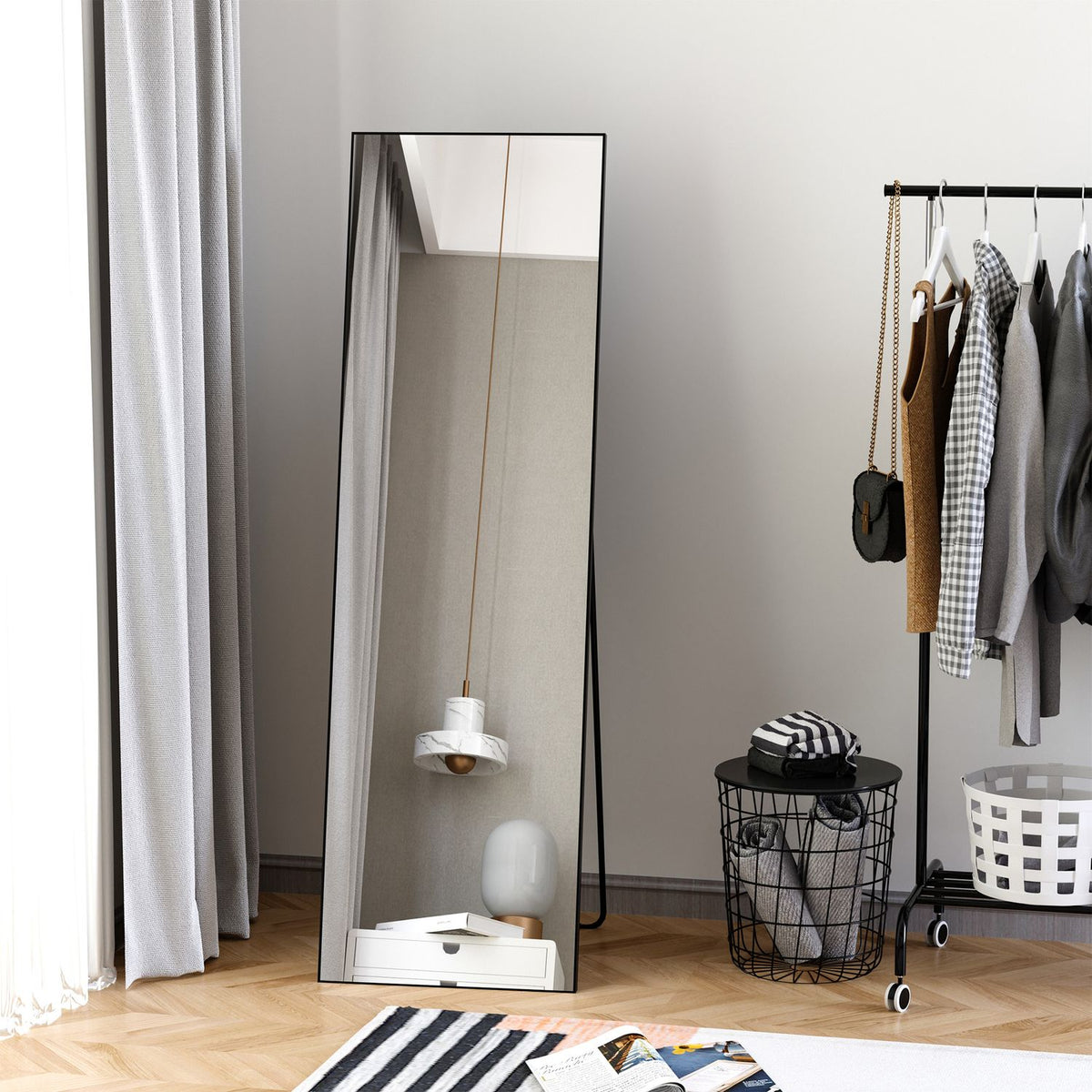 Standing mirror, free-standing full-length mirror, dressing mirror with stand, aluminum frame, for bedroom and hallway