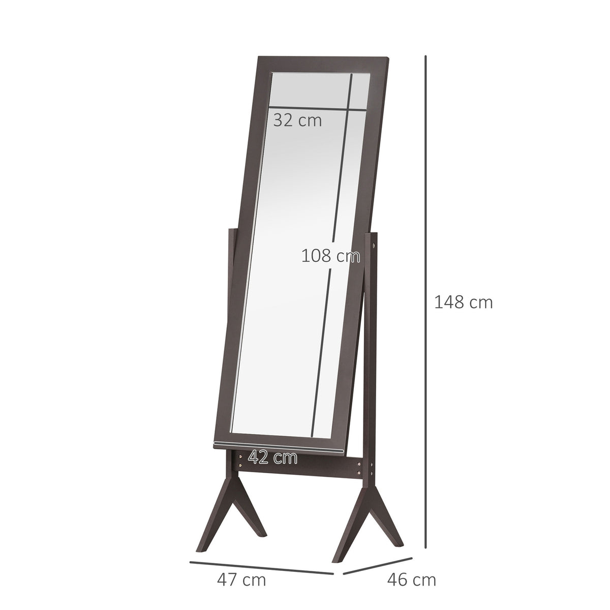 Standing mirror, full-length mirror, make-up mirror with raised feet, easy-care MDF coffee, 47 x 46 x 148 cm for bedrooms and hallways
