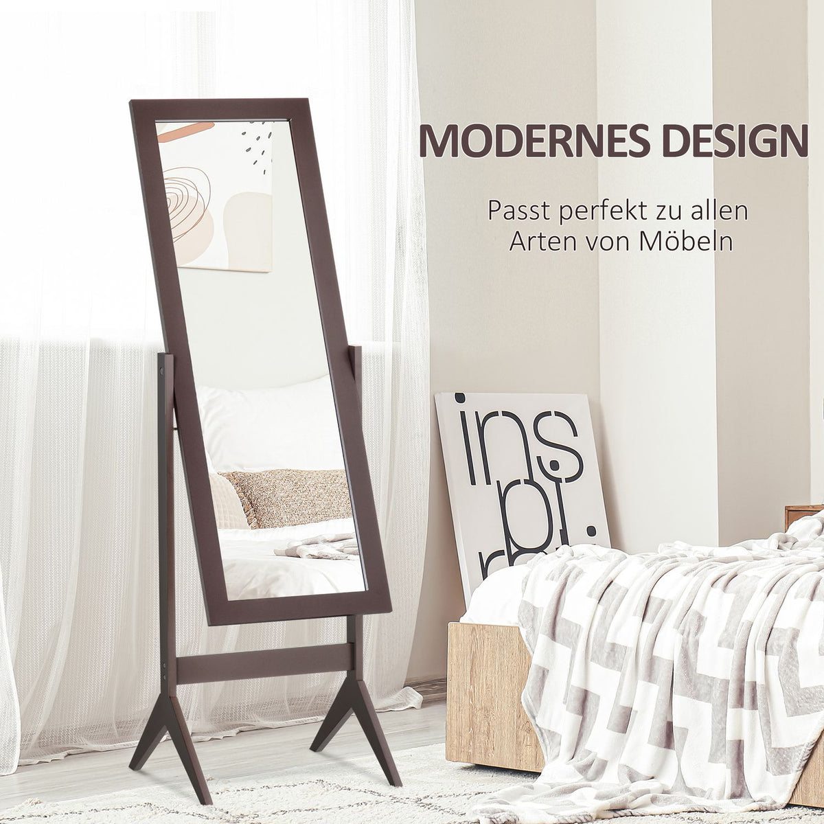 Standing mirror, full-length mirror, make-up mirror with raised feet, easy-care MDF coffee, 47 x 46 x 148 cm for bedrooms and hallways