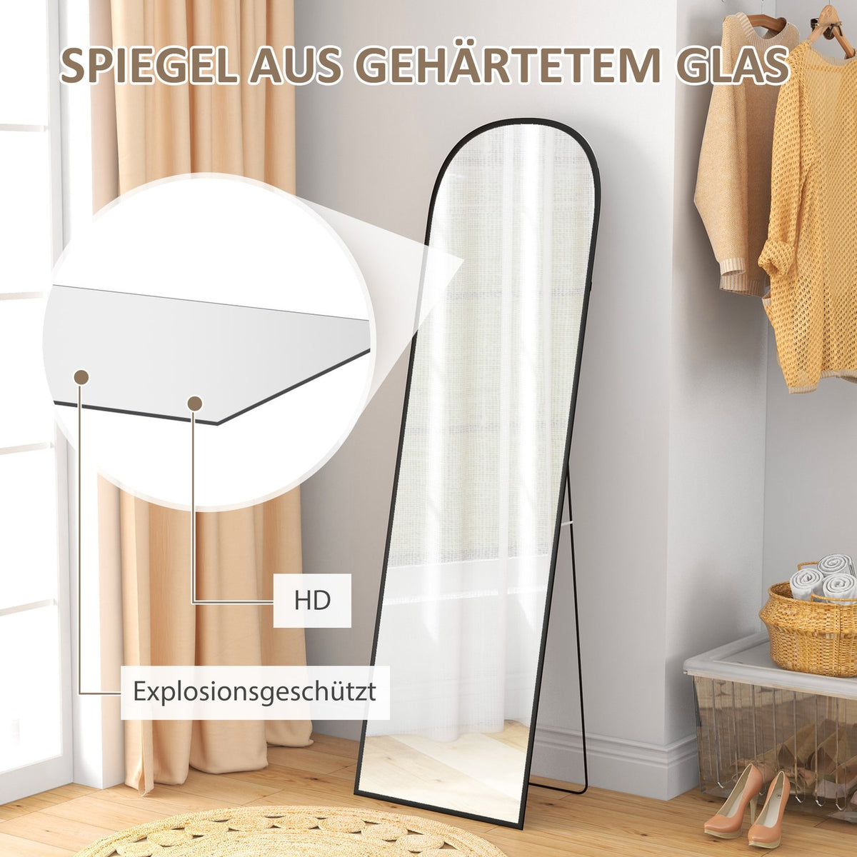 Standing mirror, full-length mirror, modern design, 50 cm x 1.5 cm x 161.5 cm, black
