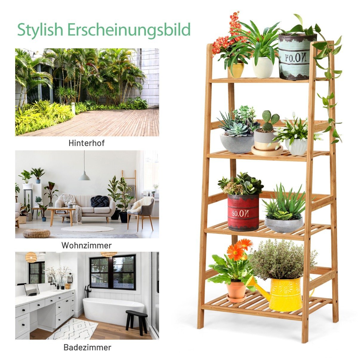 Standing shelf with 4 levels ladder shelf made of bamboo bookcase plant shelf balcony shelf 48 x 32 x 115 cm natural