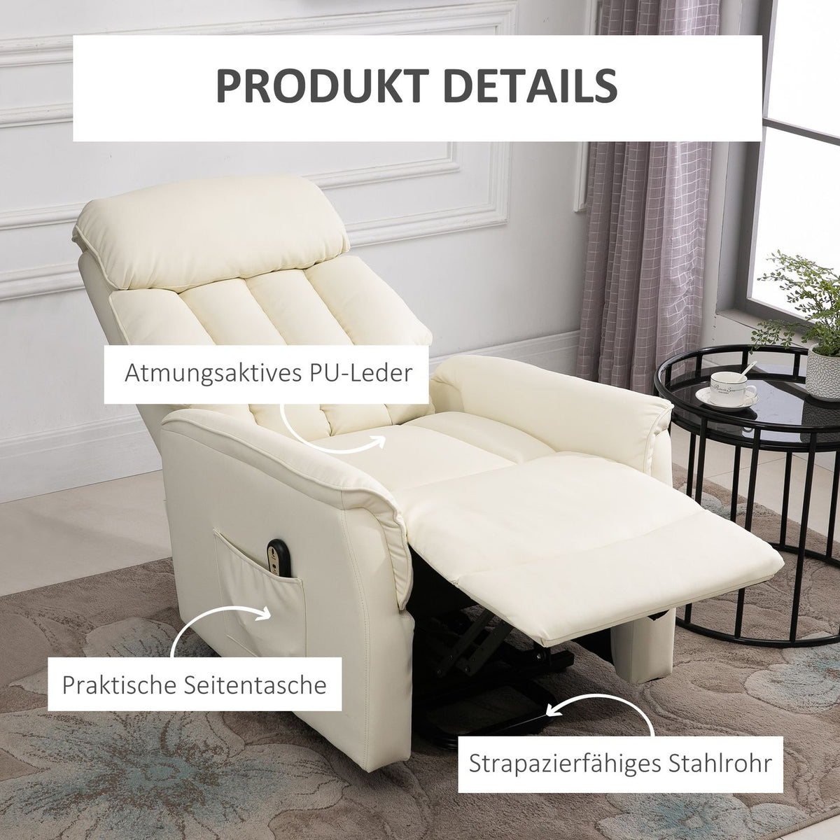 Stand-up chair, TV chair, armchair with stand-up aid, electric reclining function, faux leather, beige, 80 x 94 x 104 cm