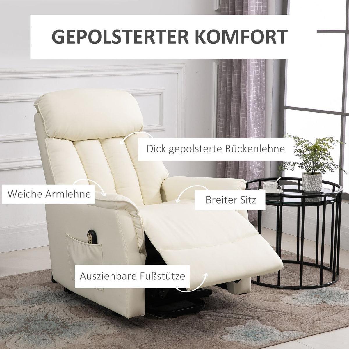 Stand-up chair, TV chair, armchair with stand-up aid, electric reclining function, faux leather, beige, 80 x 94 x 104 cm