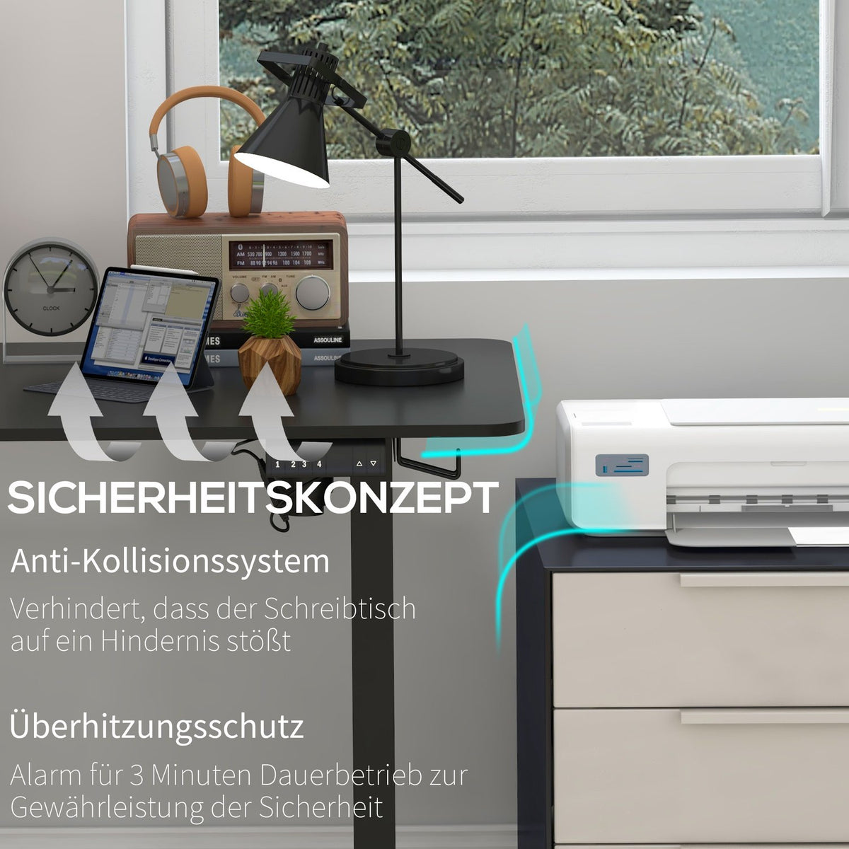 Stand-up desk, electric, with anti-collision, overheating protection, storage options, 140x70x72-116cm, chipboard, black