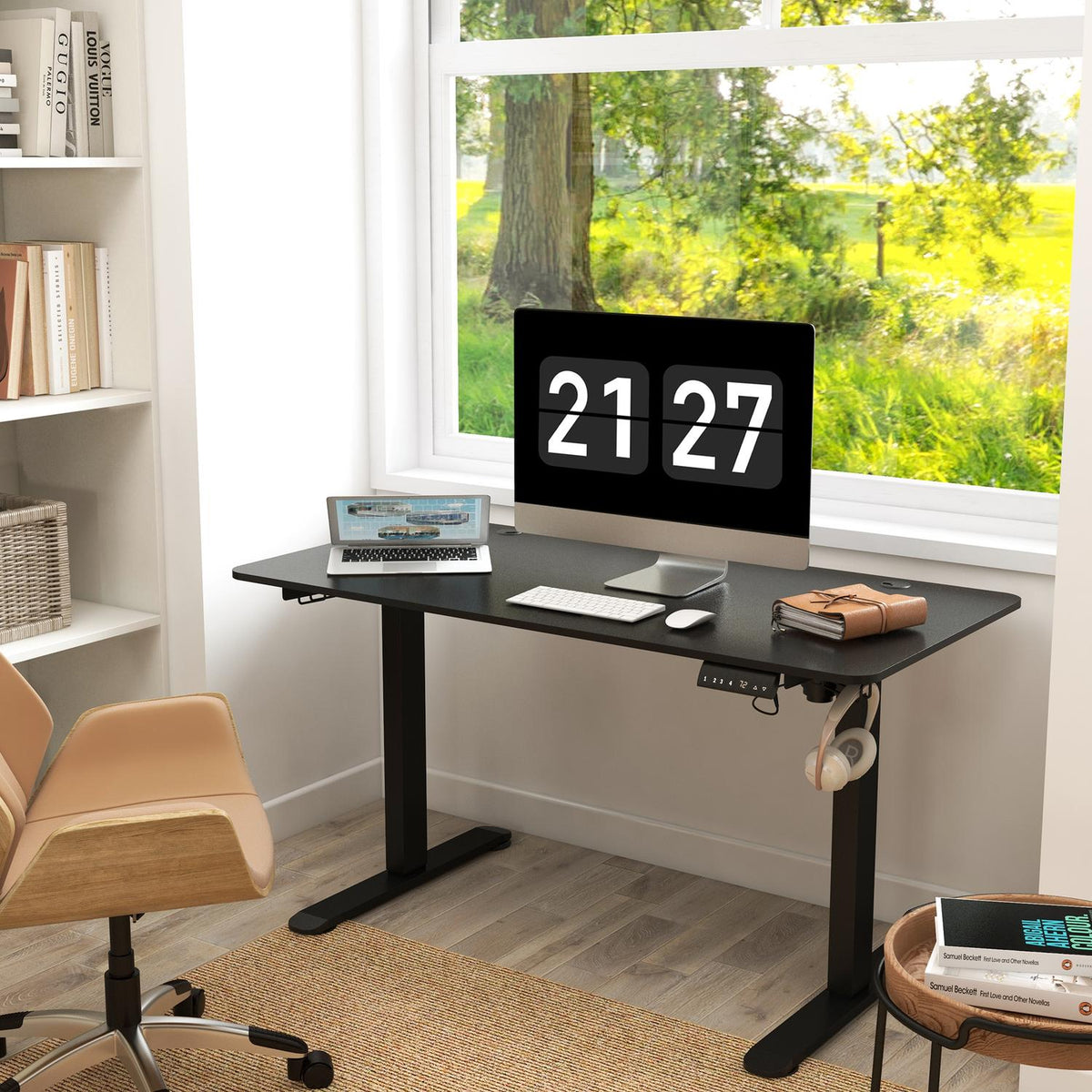 Stand-up desk, electric, with anti-collision, overheating protection, storage options, 140x70x72-116cm, chipboard, black
