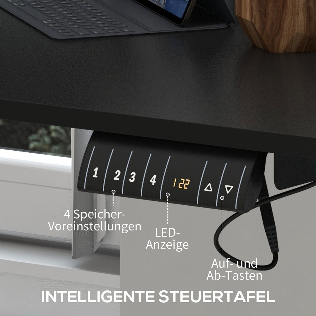 Stand-up desk, electric, with anti-collision, overheating protection, storage options, 140x70x72-116cm, chipboard, black